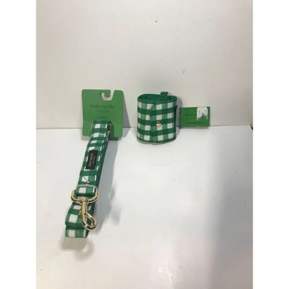 - Kate Spade Green Gingham Check Dog Waste Bag Holder & M/L Leash Set NWT